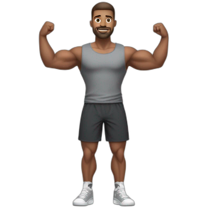Full height realistic Actively gesturing with hands Pale skinned Fit Man With the biceps and brown hair in dark gray Sleeveless Mike, black oversize sports shorts, watch and white Sneakers emoji