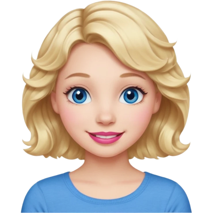 Girl Blonde short wavy hair,  blue eyes, cute blue top, long lashes, pink lips, 👄 big smile  emoji