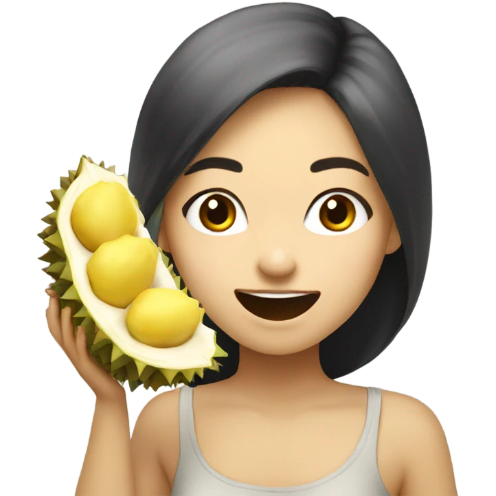 Half white half Asian girl eating durian fruit, happy emoji