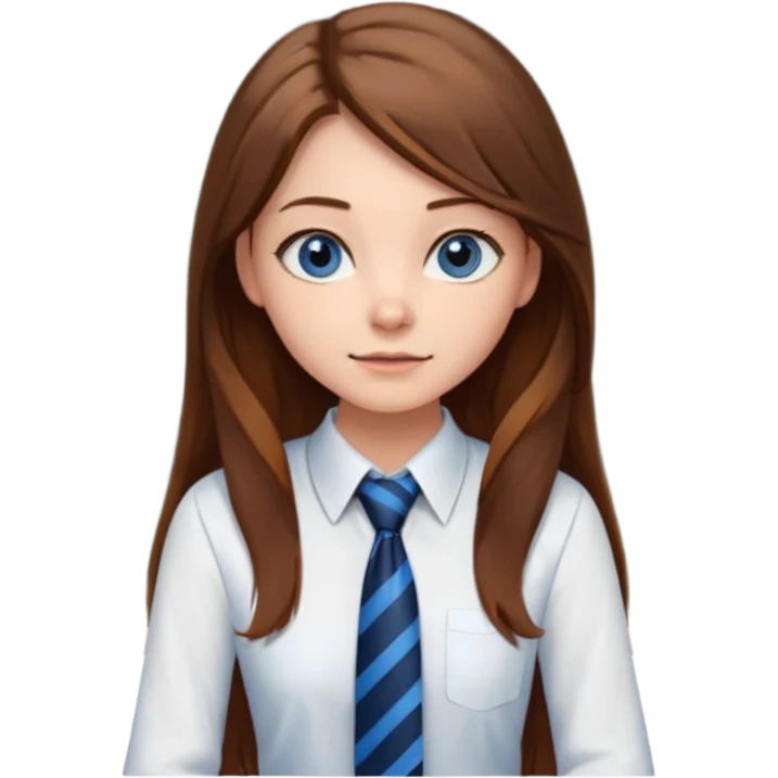 high school class room with a pretty female high school student with long brown hair, blue eyes, wearing a tie, sitting in front of the blackboard emoji