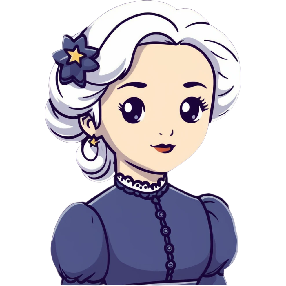 Victorian woman with white hair and starstruck eyes, elegant period dress emoji