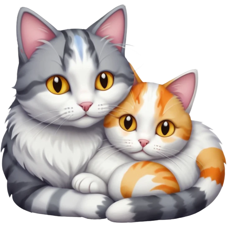 grey and white cat cuddling a colourful light patched calico + white tabby cat emoji