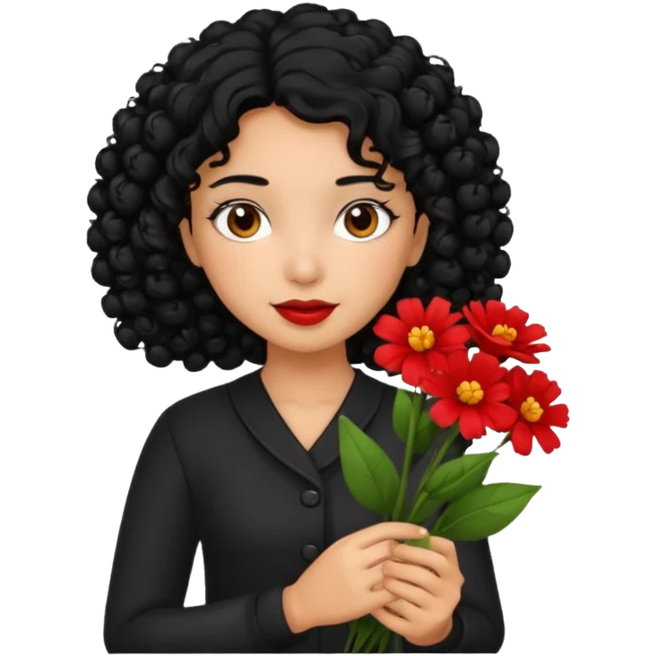 A girl with curly  black  hair and res flowers in her hands emoji