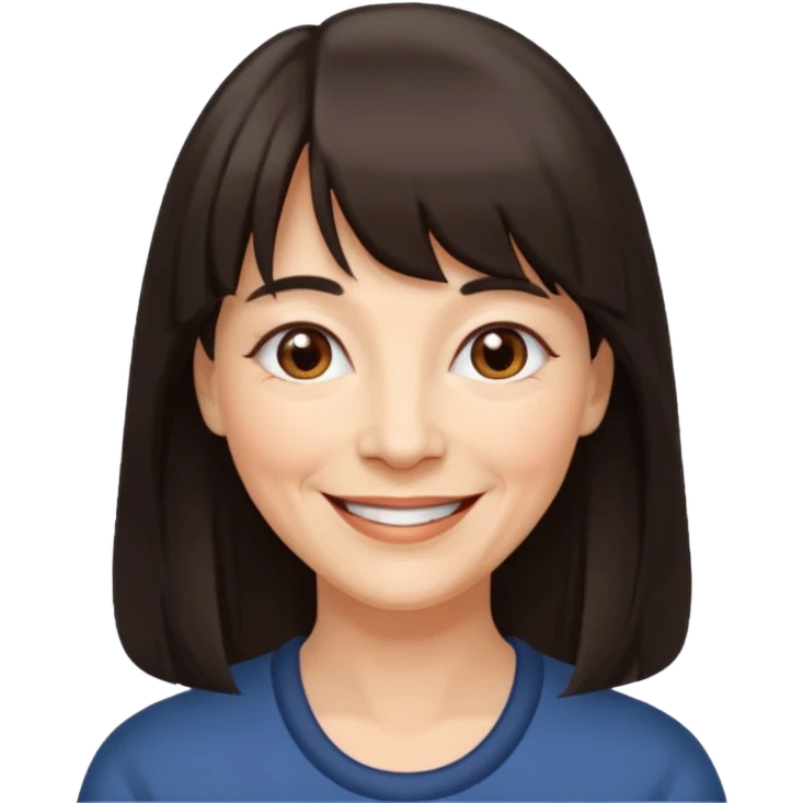 60 yr old woman, small brown eyes, long dark hair, bangs,  emoji