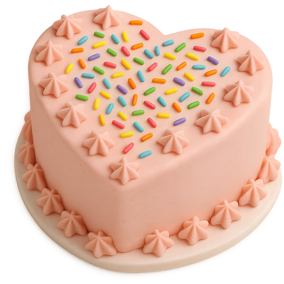 heart-shaped fondant cake with rainbow sprinkles and piped stars emoji