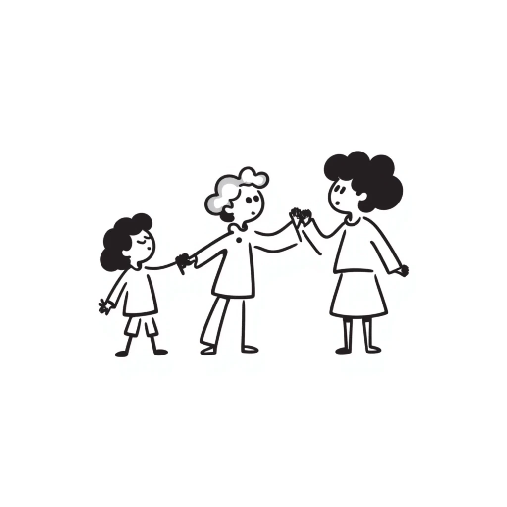 three stick figures holding hands, hand-drawn doodle style emoji
