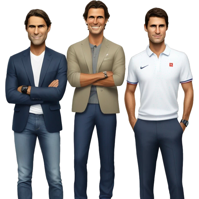 In the left ide there is Rafael Nadal. In the middle there is Novak Djokovic. In the right side there is Roger Federer. They ar standing one next to each other and they are made with the smestyle emoji