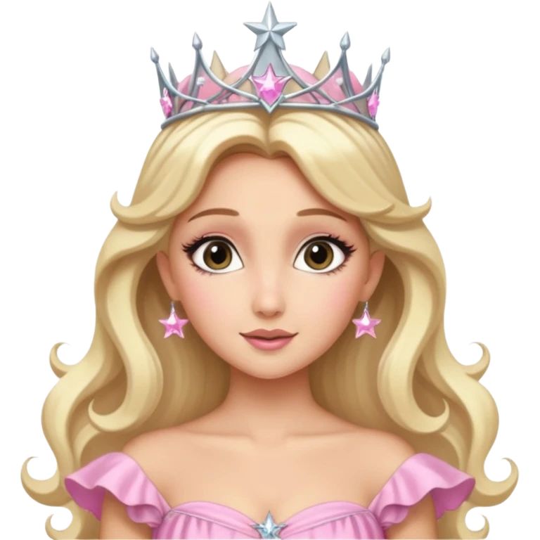 glinda the good witch from wicked movie (ariana) blonde hair, beautiful, big silver thin tiara, star wand, pink gown emoji