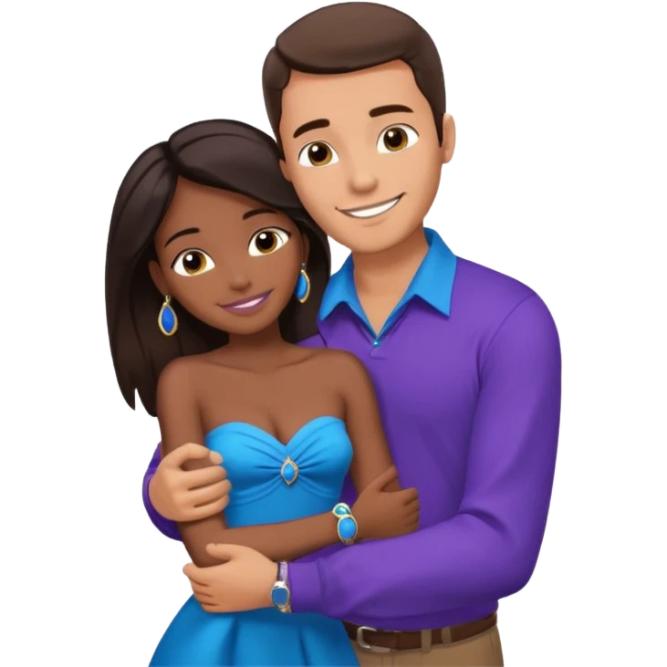 Tan tall brunette European male in blue shirt smiling and hugging a jet black African girl in purple strapless dress and blue jewelry they are on a beach with blue ocean water and palm trees emoji