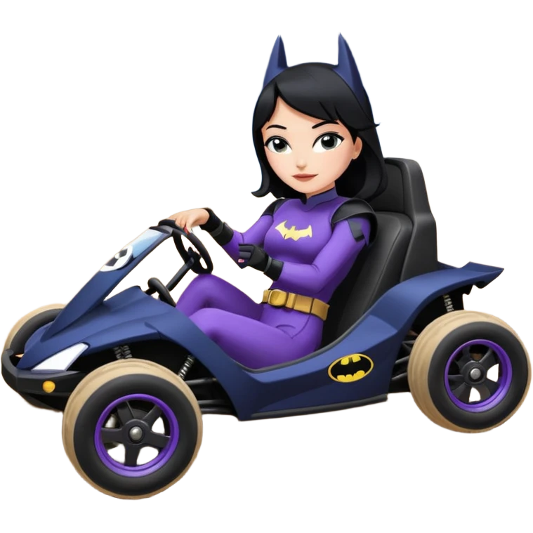 full size real-appearance road racing sexy buxom Batman’s feminine midnight-colored tight outfit sixty’s tv show dark stealthy accurate sporty safe plush deluxe Lego off-road pursuit drifting car lexus (black hair,reclining and relaxed torso and shoulders back against seat) rallycross kart  emoji