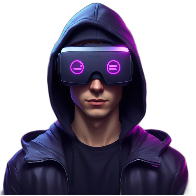 Russian young man wearing a black hoodie with "OMG" letters on it and VR headset in a cyberpunk VR environment with violet neon lighting. emoji