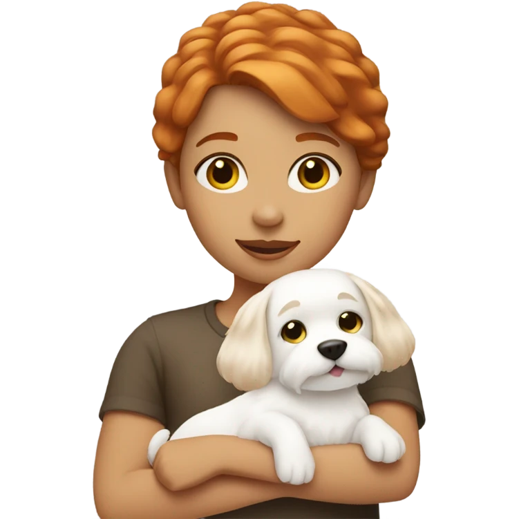 ginger hair girl holding a white fluffy dog emoji