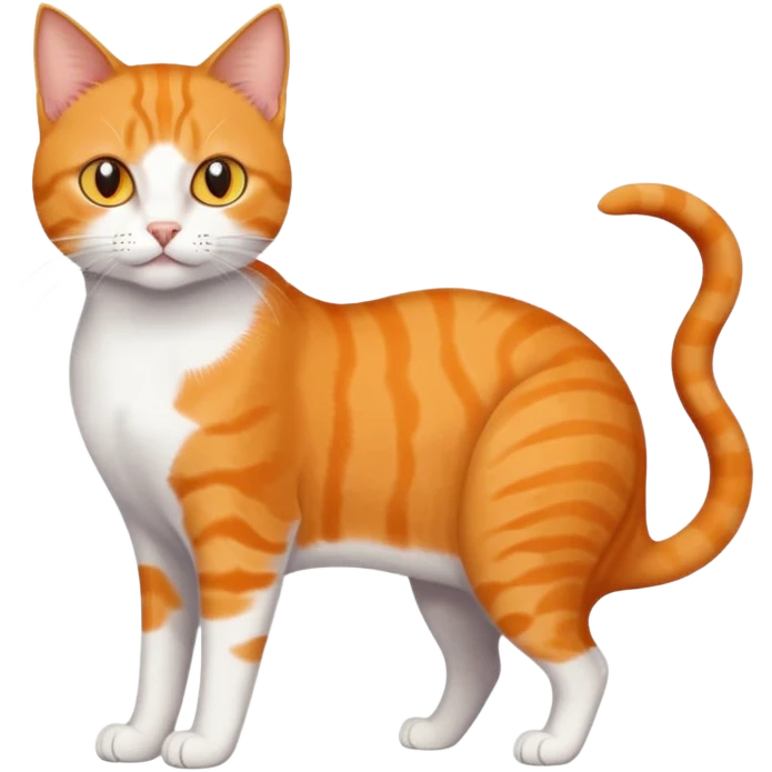 full body orange domestic shorthair slim cat with yellow/orange eyes paw being white and the other being half emoji