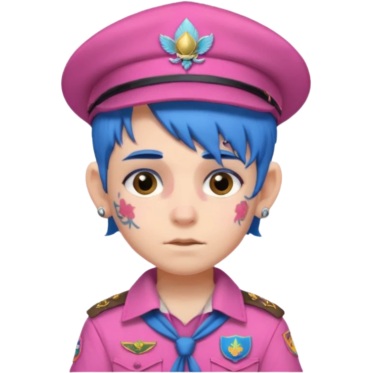 scout boy with very pink scout uniform, blue haired and hat, heavy face attoed emoji