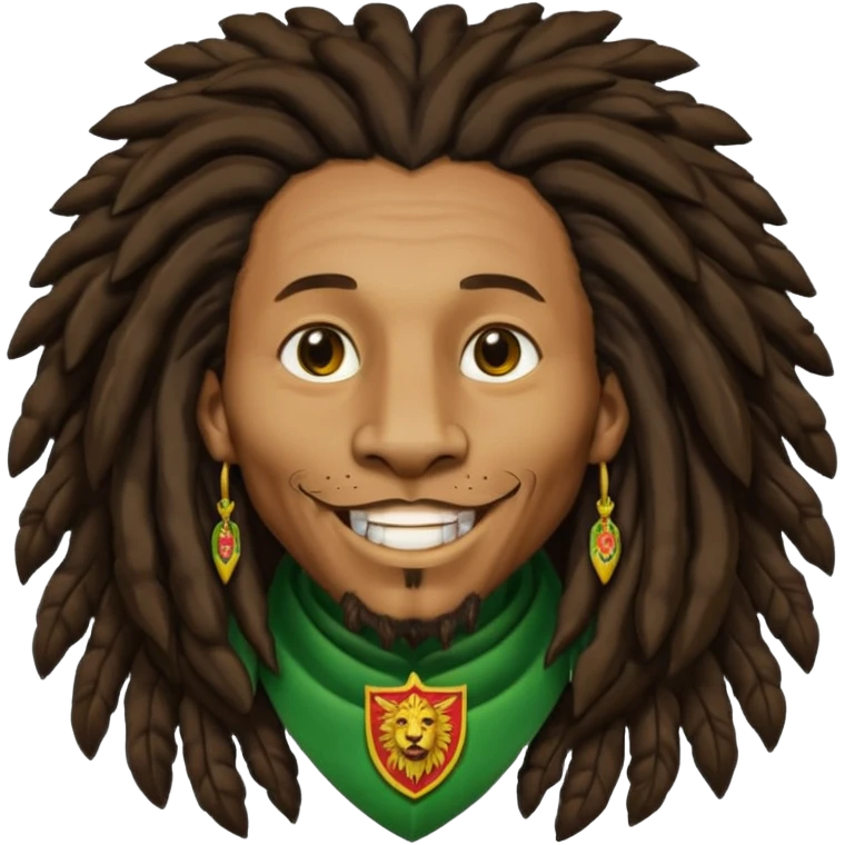 very realistic Bob Marley with gigantic dread locks in form heraldic crest with ethiopian lion emoji