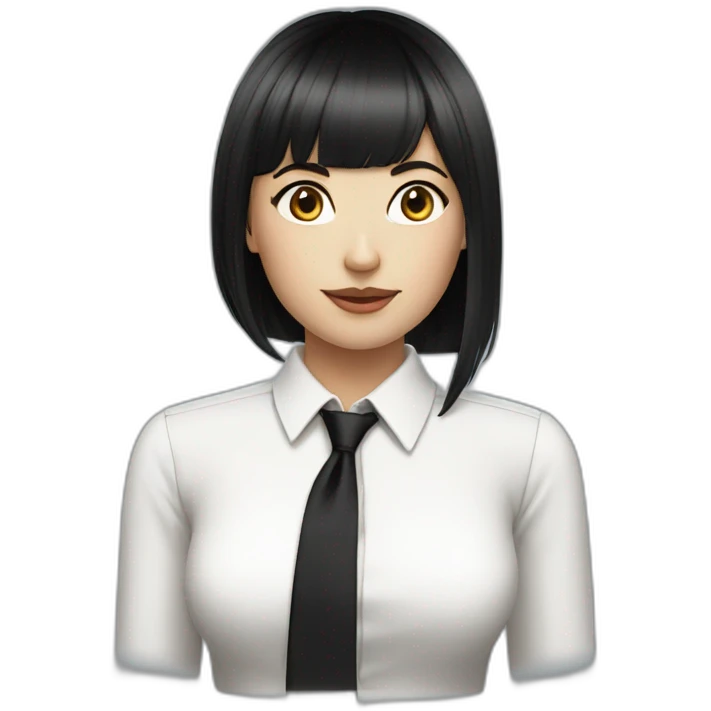 white female bangs black straight hair white shirt black tie emoji
