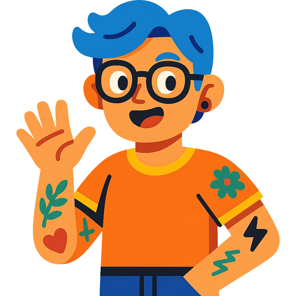 character with blue hair, glasses, and tattoos emoji