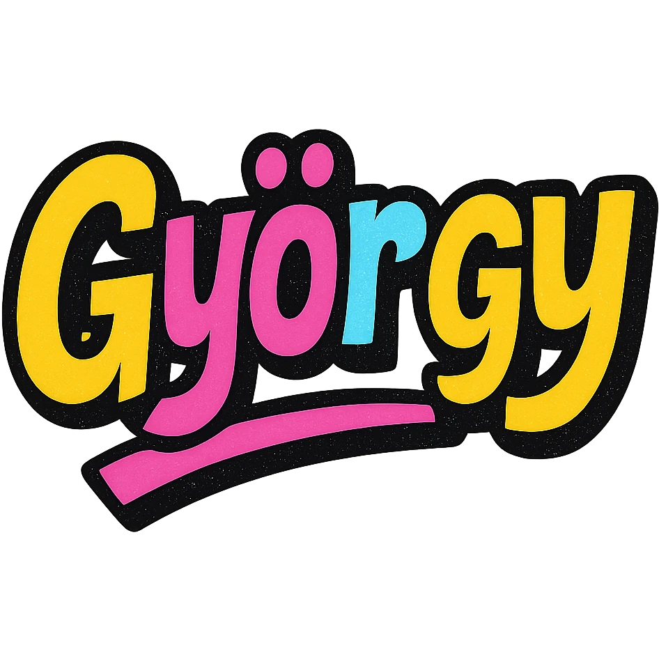 The name 'György' in a modern, colorful gradient font with a dark outline, dynamic style with slanted or partial underline, in the style of reference patterns. emoji