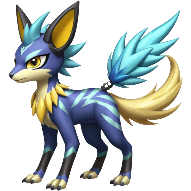 Shiny colorful exotic Feral Scaly Striking Slaying Badass Evil Handsome Lightning-patterned Zig-zagged buzzy fuzzy Meloetta-Renamon-Luxray-Cobalion-Suicune-Vernid-fusion-hybrid-creature, full body  emoji