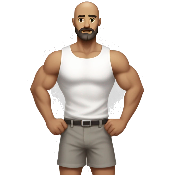 Man flexing muscles in a white shirt and grey shorts, bald, brown beard emoji