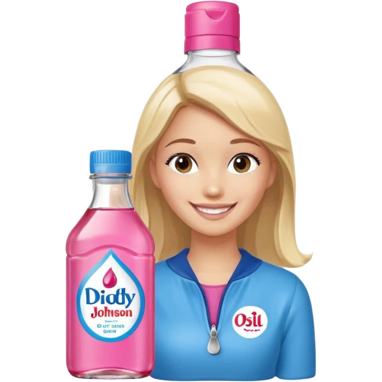 bottle of oil blue top pink outside with logo that says Diddy Party oil Johnson and Johnson  brand with a smiling girl berry on top emoji