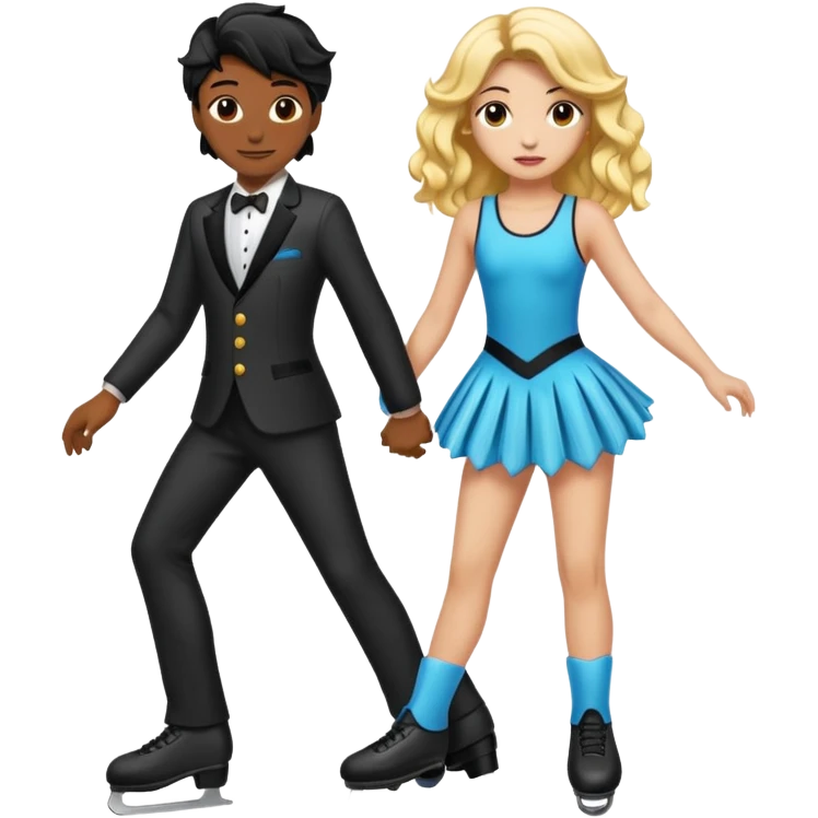 una patinadora con pelo negro largo y ondulado en las puntas con un mallot de color patinando en pareja emoji