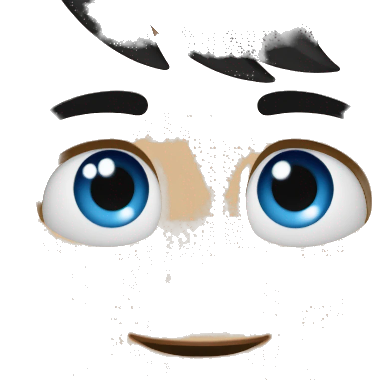 Black hair, black eyebrow, blue eyes, happy face emoji