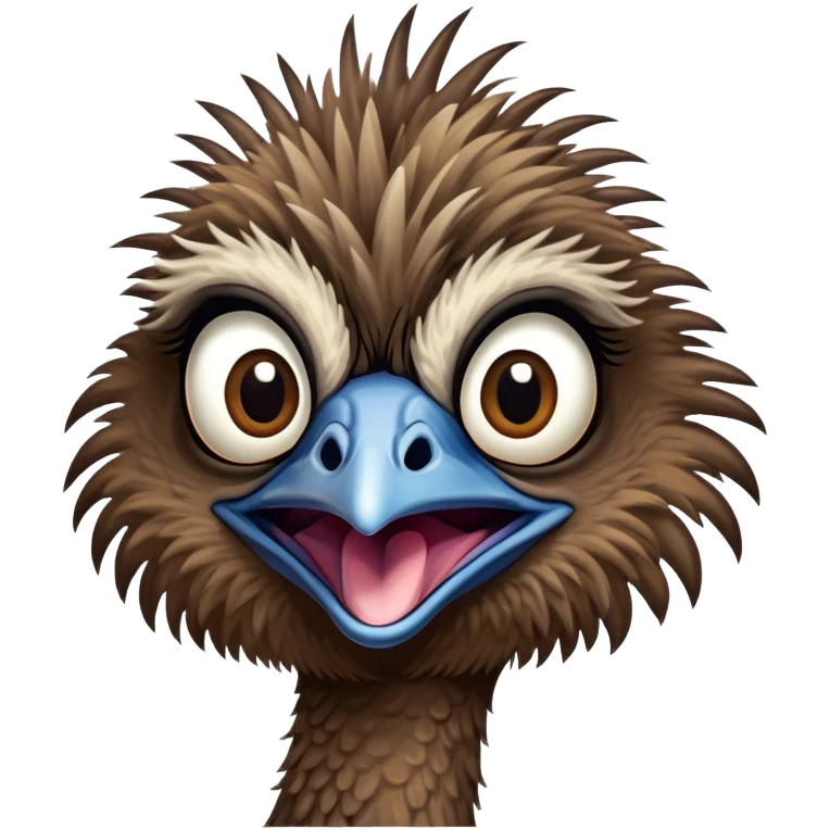Cinematic Comical Emu Portrait Emoji, Head tilted dramatically with an exaggeratedly amused expression, featuring a striking, textured brown plumage with a comically small head and wide, expressive eyes full of playful disbelief, Simplified yet hilariously expressive features, highly detailed, glowing with a slightly sassy glow, high shine, dramatic yet playful, stylized with an air of cheeky outback mischief, bright and endearing, soft glowing outline, capturing the essence of a spirited and over‐the‐top emu, so meme‐worthy it feels like it could squawk its way into internet fame instantly! emoji