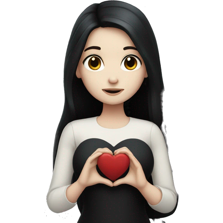 Pale girl with long black hair holding black heart in her hands  emoji