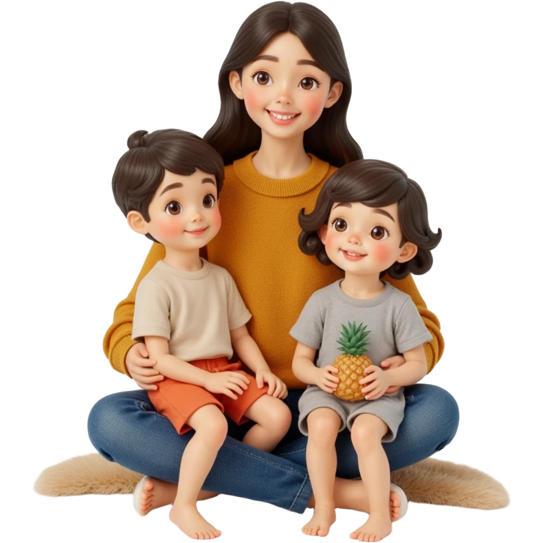 closeup front angle shot of a family of three with parent and two kids, lifelike skin hair and clothing details, skeuomorphism style emoji