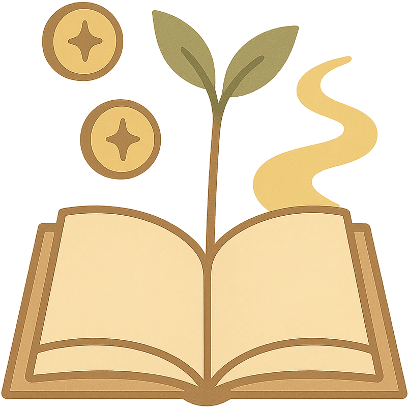 literary, healing, minimalist avatar in a soft warm color palette of beige, light brown, green, pale yellow, abstract symbols of growth and wealth such as sprouting plant, winding path, gentle coins, no text, square composition emoji