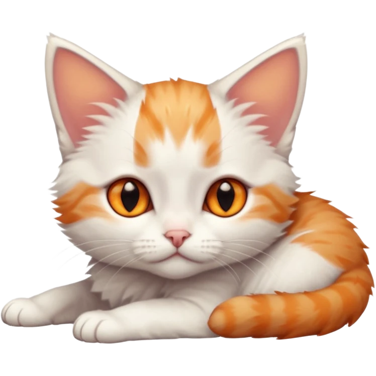 full body of very small + skinny ginger and white kitten with deep orange eyes and triangular shaped face lying down emoji