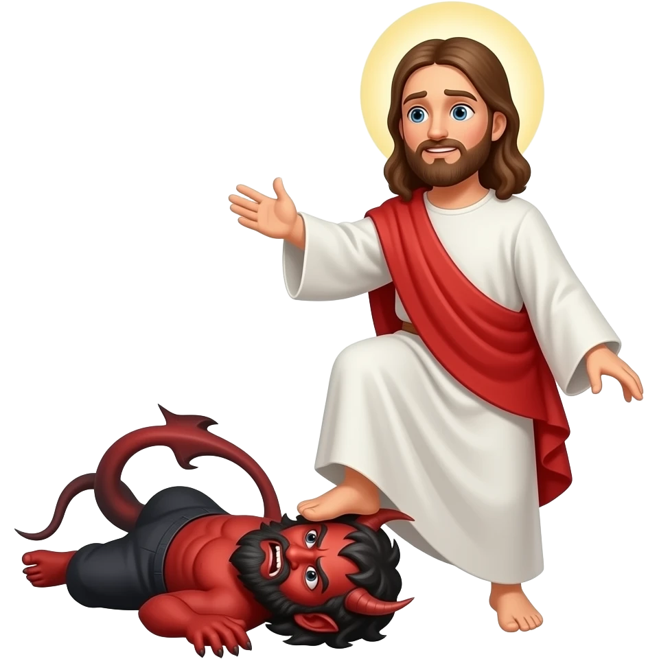 Jesus beats up Satan and wins with Satan looking defeated and Jesus standing over him with a foot on his head to stay done emoji
