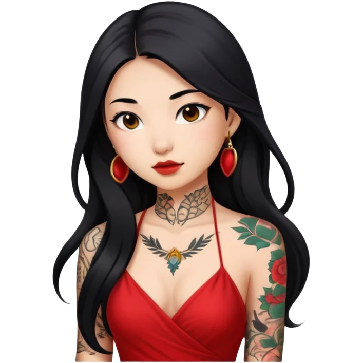 Beautiful Asian girl with long black hair and body tattoos wearing a red dress emoji