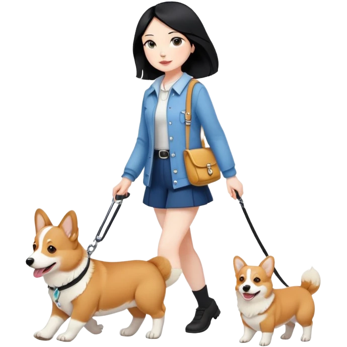 A girl with long black hair walking a corgi emoji