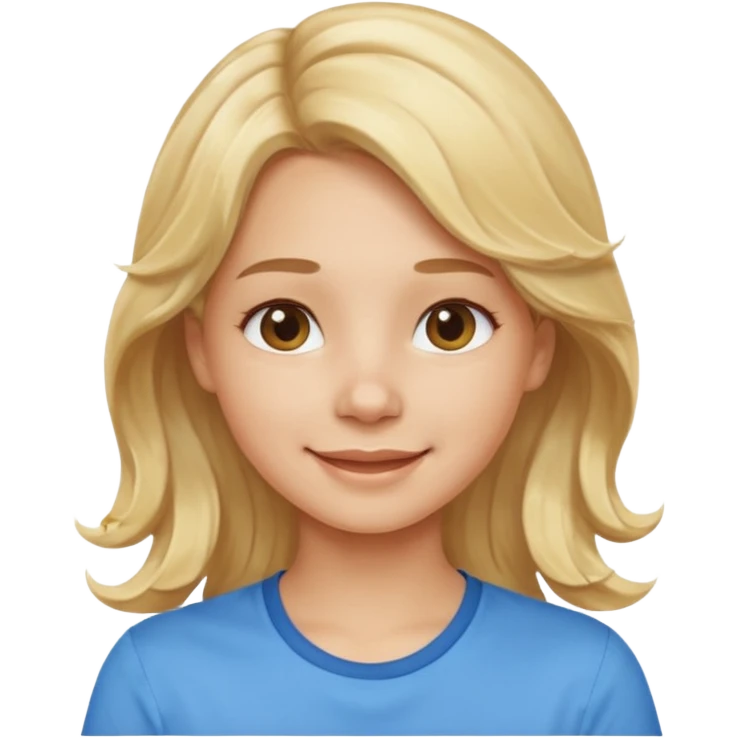 Happy blond girl with light weavy hair with a blue shirt but we can see only her face and neck and the top of the t shirt, no whole body emoji