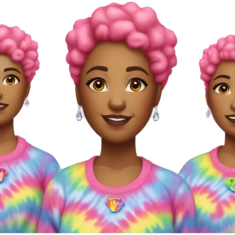 Plus size black woman with pink curly pixie cut hair and a rainbow tie dye sweater , and diamond stud earrings  emoji