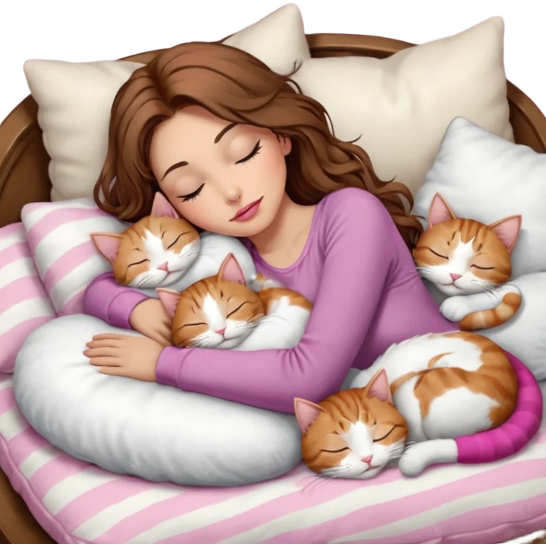 girl with long wavy brown hair, brown eyes, long lashes makeup, sexy pink lips, light to medium complexion,  sleeping on a cozy pillow, with 6 cats: 1 brown and white tabby cat, 1 ginger and white, 2 grey and white, 1 grey with white mittens and small white patch on chest and 1 calico, sleeping emoji