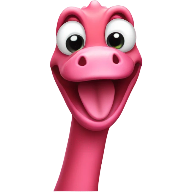 A pink dinosaur making duck lips emoji