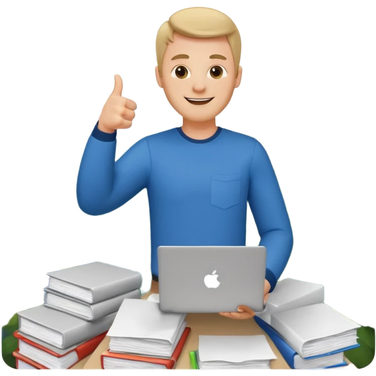 man with a laptop, standing on a mountain of papers, thumbs up emoji emoji