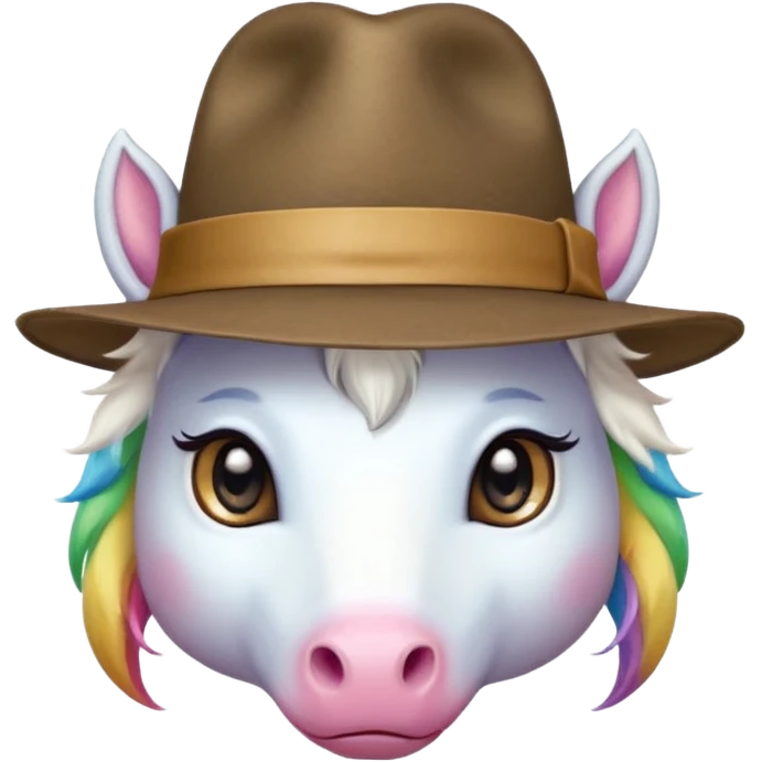 unicorn face cute wearing fedora, horn piercing through the hat looking in the camer emoji