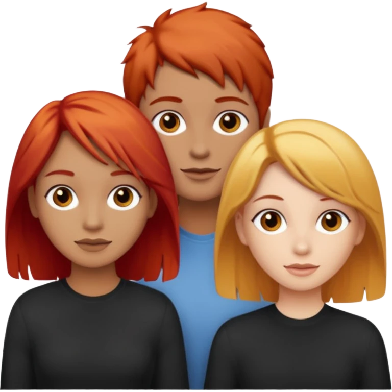 Can you create an image of 3 friends together one with red bright hair light skin one the other with brown hair with some blonde highlights in the hair fair skin the last one with light brown a tint of orange hair and black hair emoji