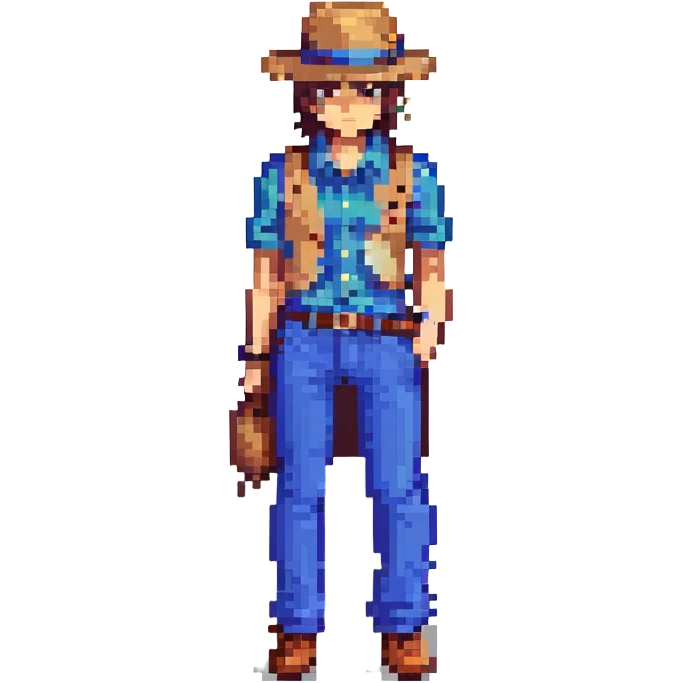 Lemeza Kosugi from La-Mulana, pixel art style, standing with whip at his side, tan fedora, blue pants, pixelated shading, 8-bit game character emoji