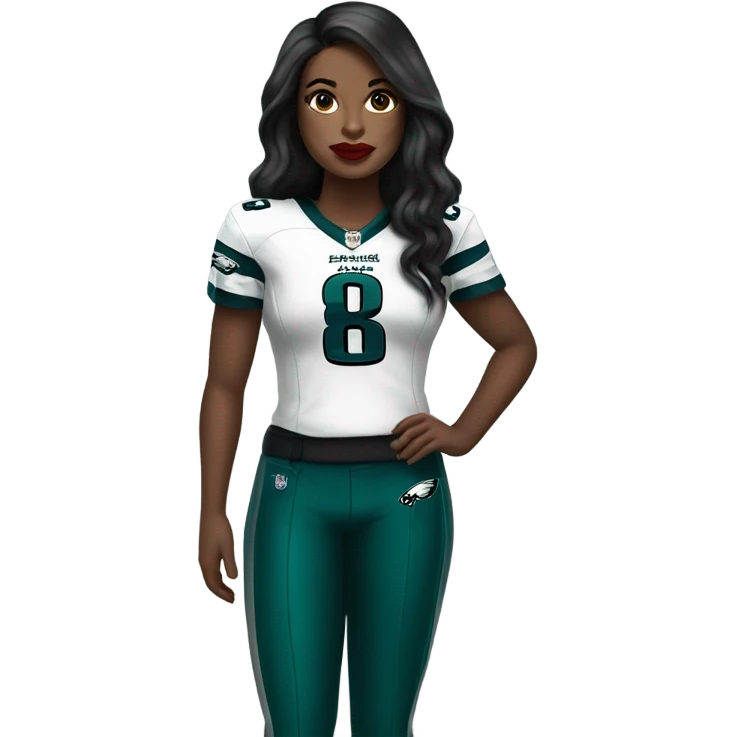 White female long dark hair red lips wearing Philadelphia Eagles jersey emoji