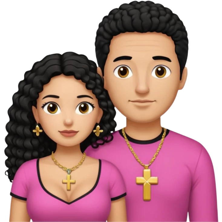 A picture if a couple. the man is a Mexican man with tanned skin, black hair, a bald hair cut, short boxed beard, and wearing a black shirt. the woman is mixed with black and white, with curly long hair, a gold cross necklace, wearing a pink shirt and with big boobs emoji