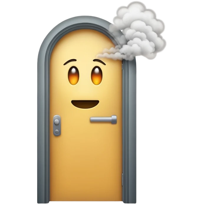 Minimalist emoji-style sticker of a half-open door, with smoke and a single glowing eye visible in the dark inside. Flat design, desaturated colors.
 emoji