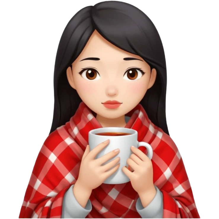 cute and sexy asian girl, feeling sick up, nose and cheecks red by blush, covered by blanket, holding tea mug in hands emoji