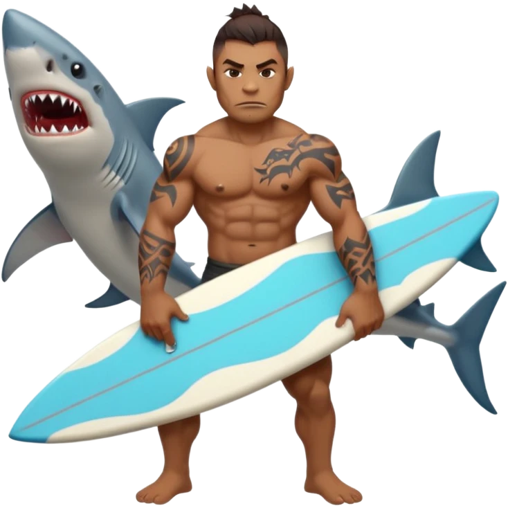 orc male holds a surfboard with a shark painted vertically in his hands emoji