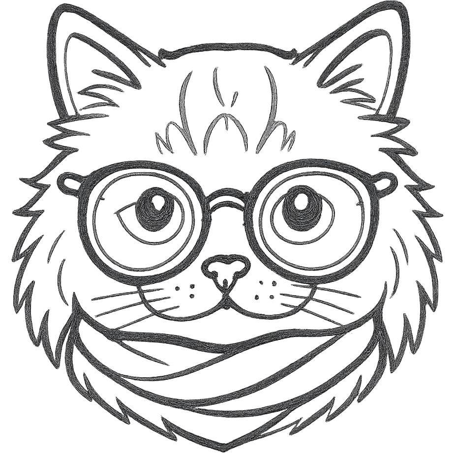Convert the Apple emoji-style cat head to a black hand-drawn outline style with smooth, rounded lines and no color fill. Keep the same proportions and accessories including tinted glasses and scarf. Only the cat's head is shown, no body parts. emoji