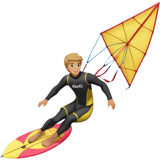 A kite surfer soaring above the waves, holding onto a kite with the wind in full force. The background showcases the ocean and sky, emphasizing the freedom, thrill, and energy of the sport. The motion of the kite and board is dynamic, capturing the excitement of kiting. emoji